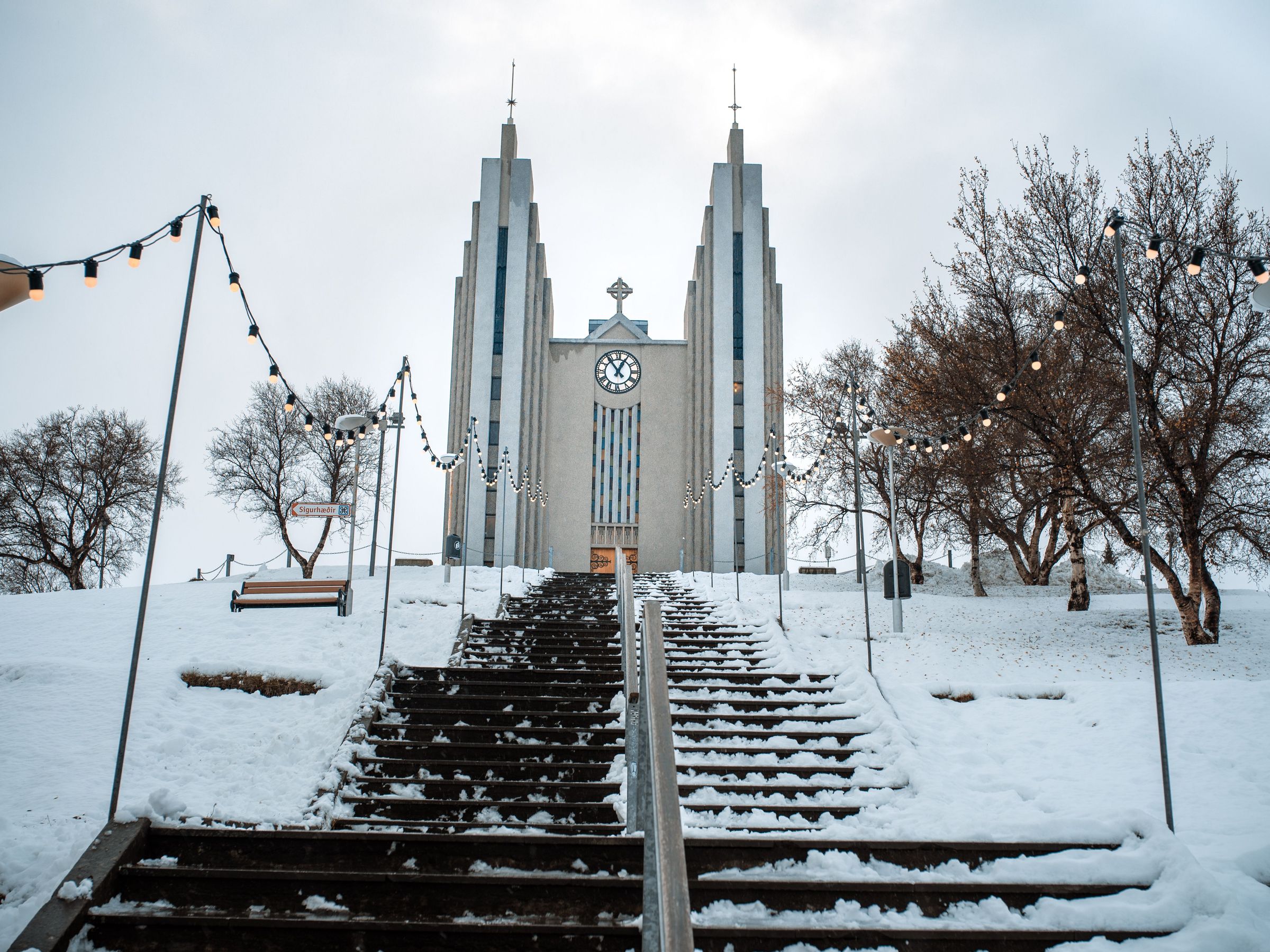 Snow streets near the church in Akrueyri