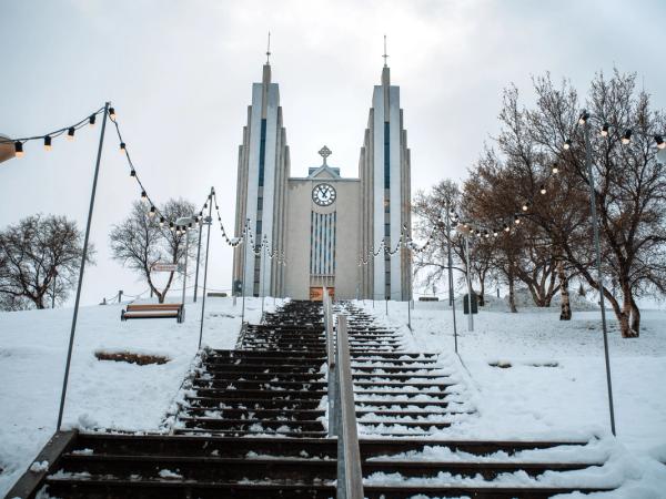 Snow streets near the church in Akrueyri