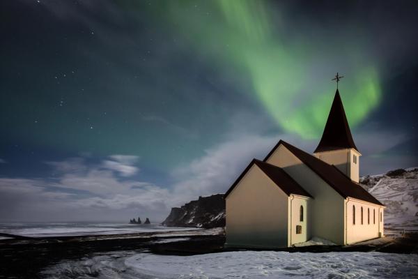 Northern lights above Vik Church, Iceland