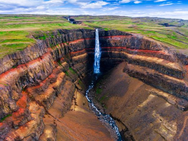 Drone shot of Hengifoss Waterfall