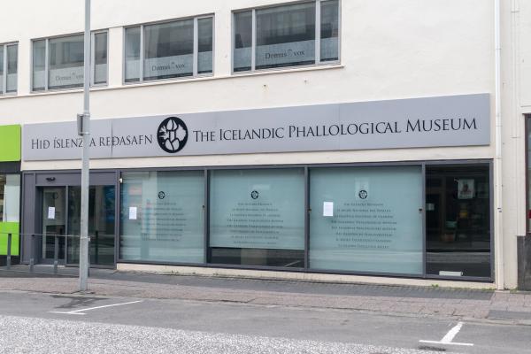 the icelandic philological museum is located on the side of a building on a city street .