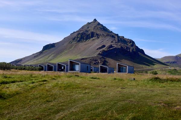 a row of houses in a grassy field with a mountain in the background .