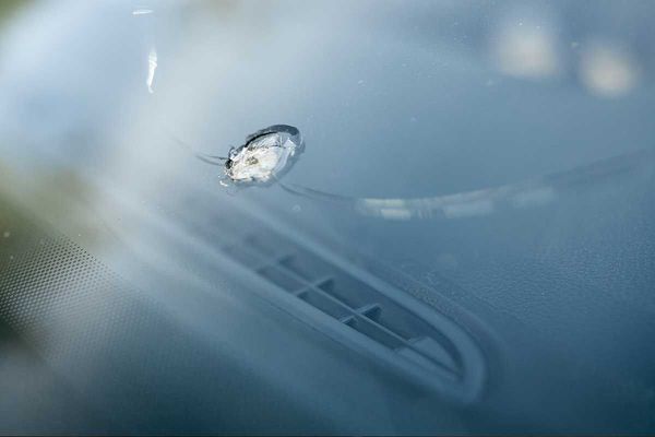 a close up of a broken windshield on a car .