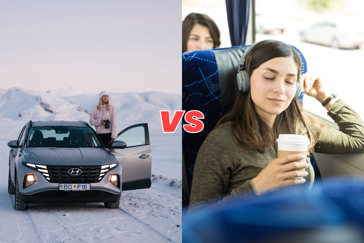 A woman enjoying icelandic nature in her rental car vs a woman in a Public Transportation drinking a coffee