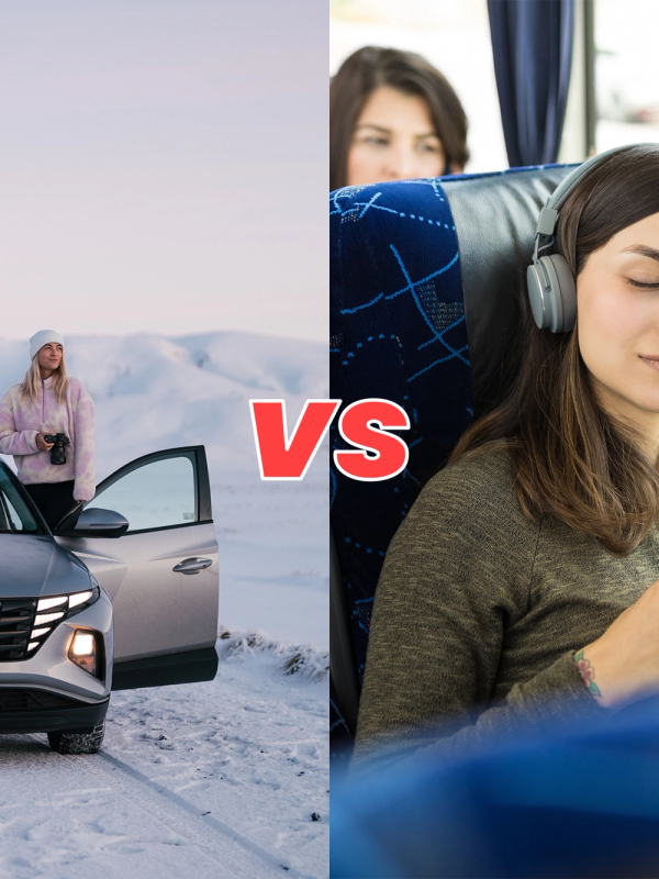 Car Rental Iceland vs. Public Transportation A woman enjoying icelandic nature in her rental car vs a woman in a Public Transportation drinking a coffee