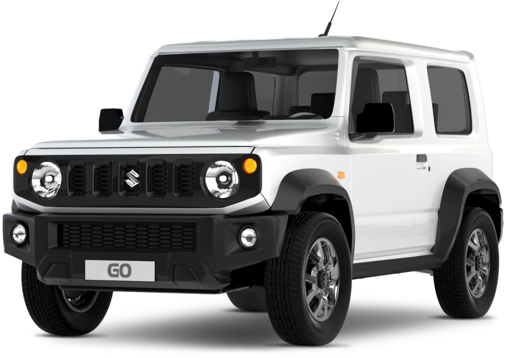 Suzuki Jimny Automatik Ein weißer Suzuki Jimny mit Automatikgetriebe ist vor einem transparenten Hintergrund abgebildet.
