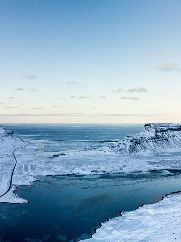 Aerial view of Kirkjufell mountain in winter, Iceland