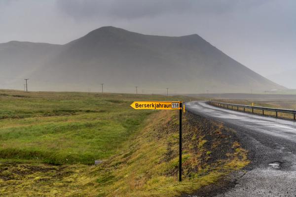 A wet road curves right past a sign pointing left to "Berserkjahraun 558", with a green field and misty mountains under a cloudy sky.