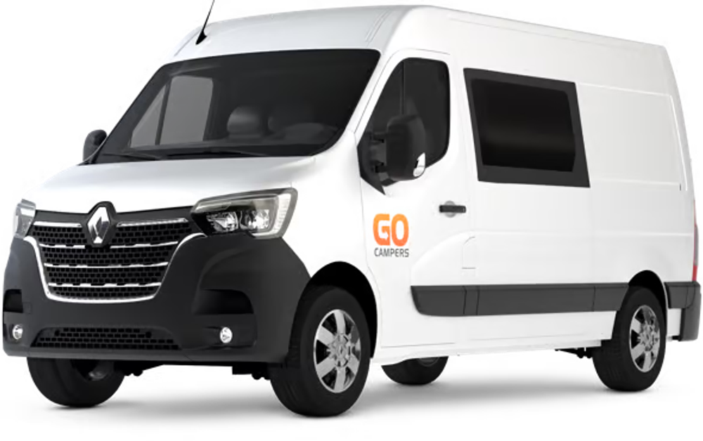 Go Big Budget White 5-person Go Campers budget campervan on a transparent background for rent in Iceland