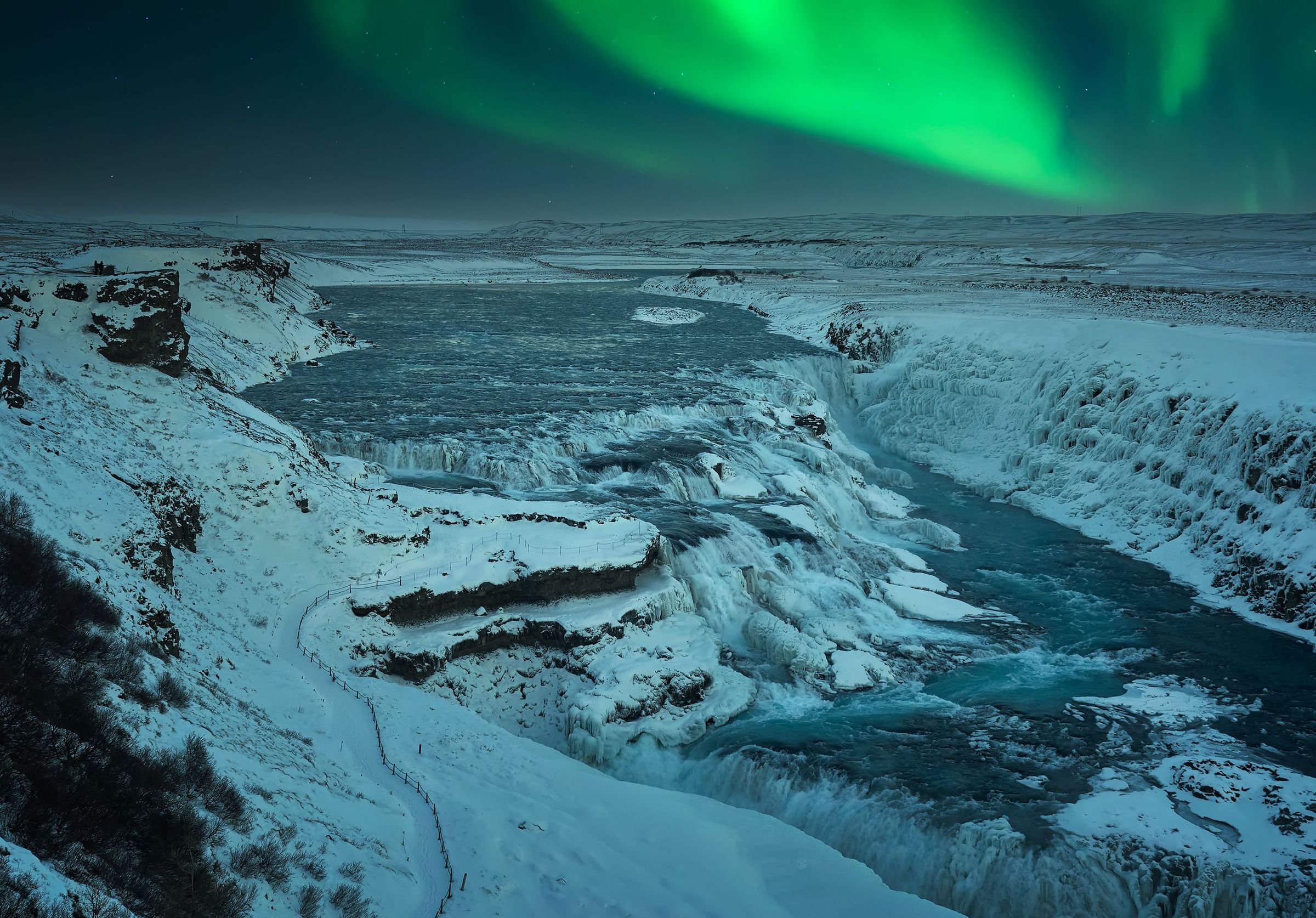 Gullfoss during the Northern Lights