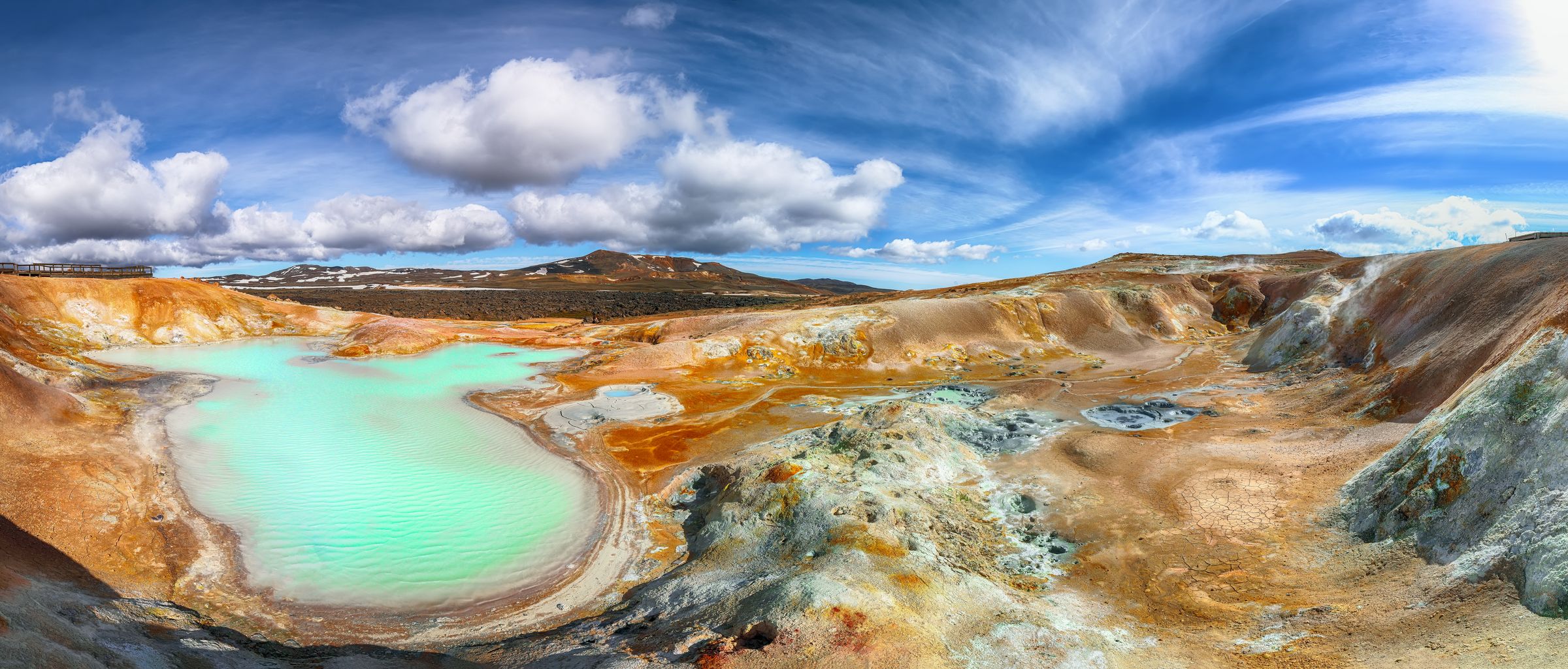 a panoramic view of a lake in the middle of a desert at Leirhn´jukur by lake mývatn in north iceland.