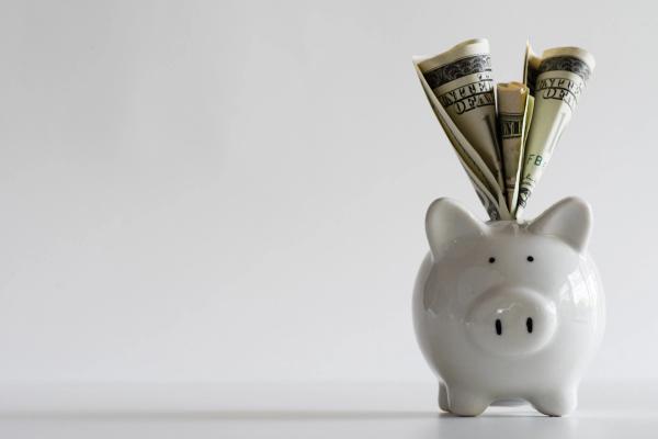 a piggy bank with a bunch of money sticking out of it .