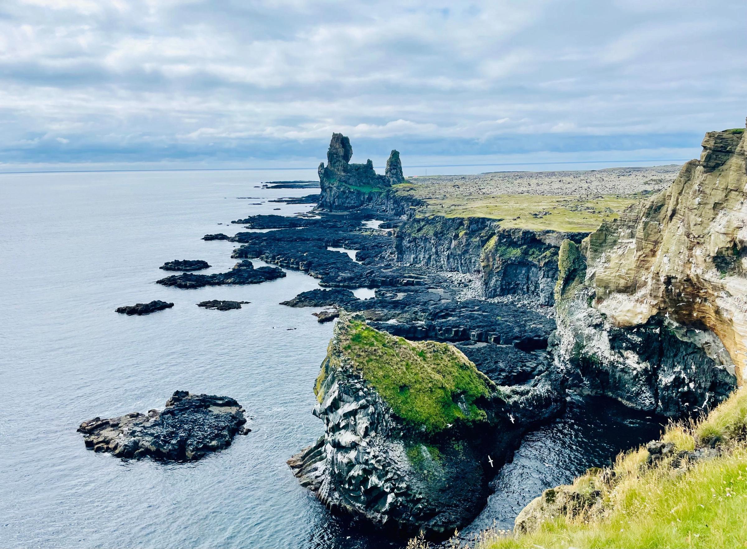 a cliff overlooking the ocean with a castle in the distance .