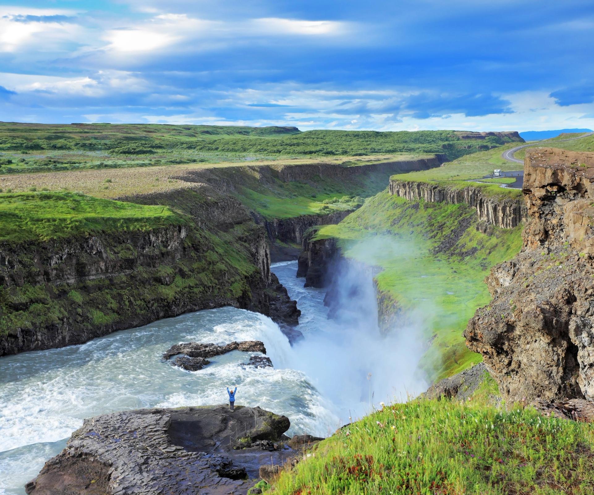 Aerial view of Gullfoss Canyon with its golden walls and powerful river
