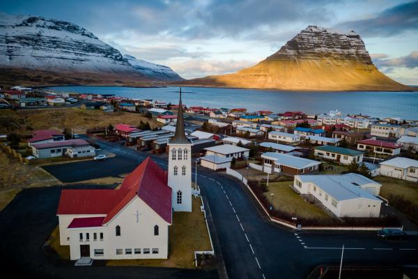 Panoramic Aerial view of Kirkjufell Mountain and Grundarfjörður