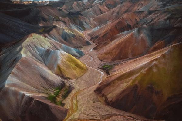 View of Landmannalaugar in Iceland Aerial drone view of Landmannalaugar colorful mountains panorama in Iceland. Beautiful nature landscape
