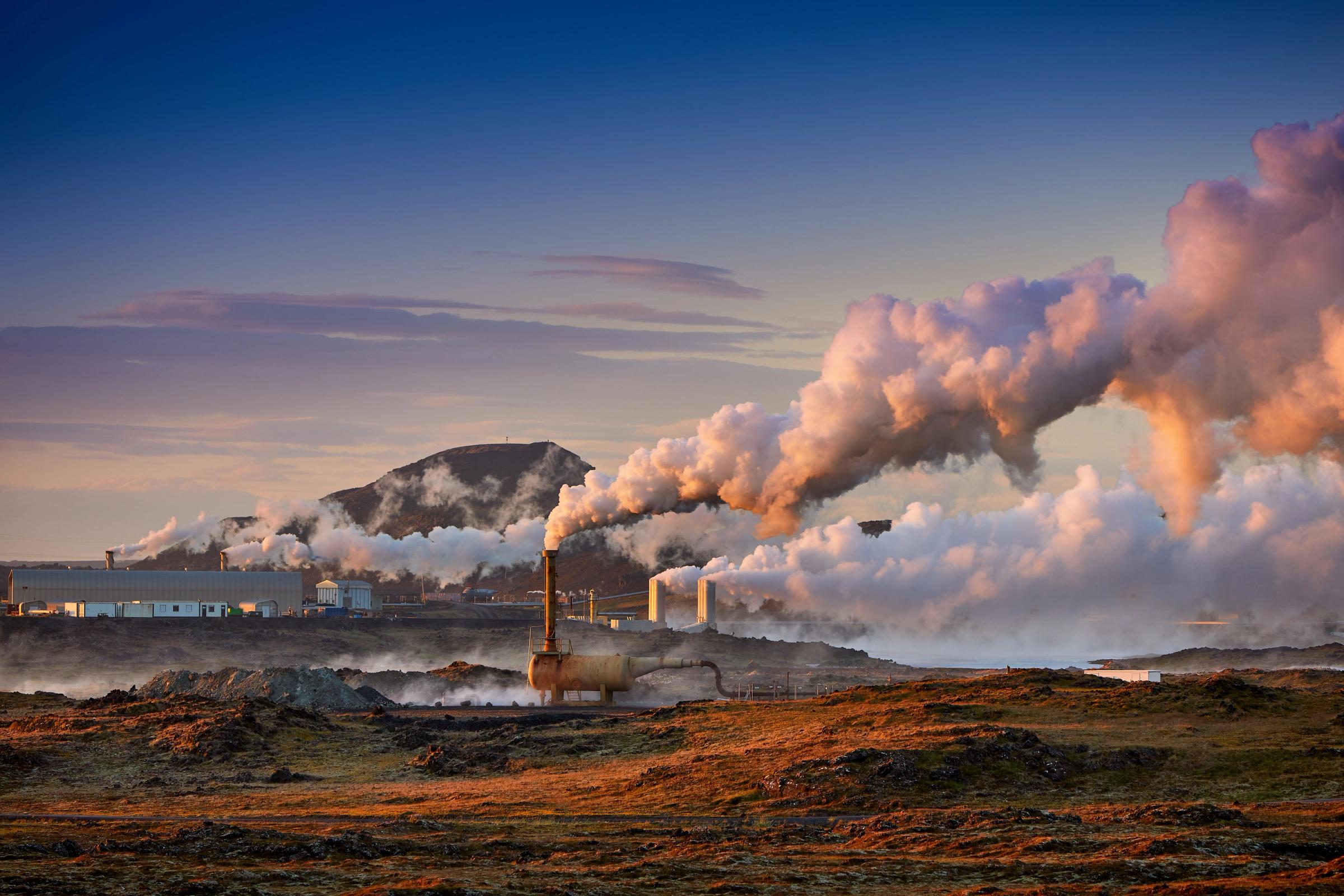 Plant located at Reykjanes peninsula in Iceland, Europe. Popular tourist attraction. Steaming hot water. Gunnuhver Hot Springs in Iceland 