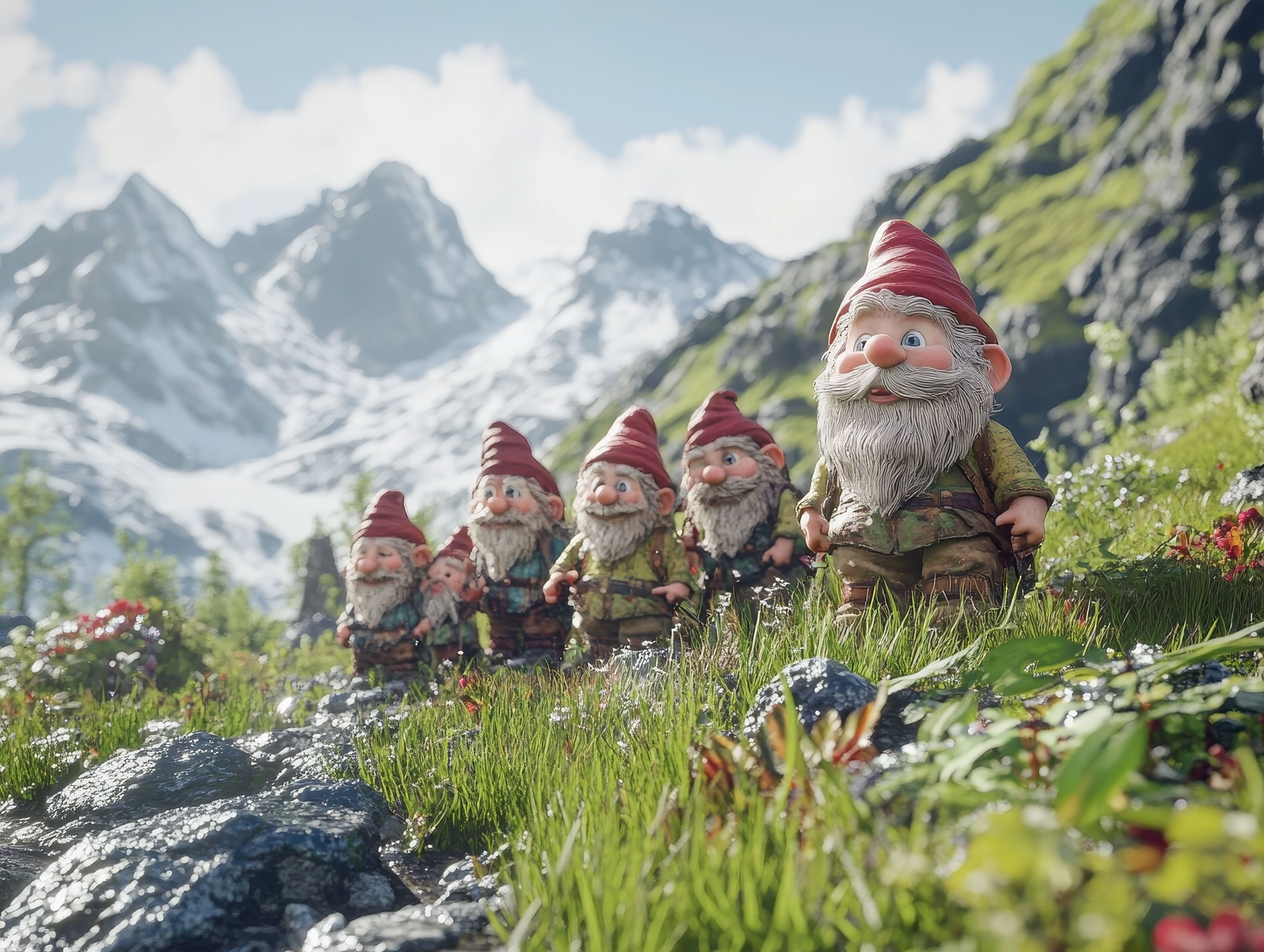 a group of gnomes are standing in a field with mountains in the background .