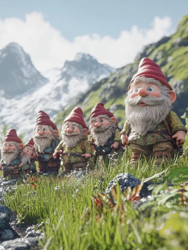 a group of gnomes are standing in a field with mountains in the background .