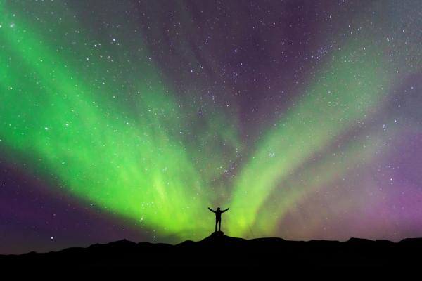 a silhouette of a person standing in front of the aurora borealis .