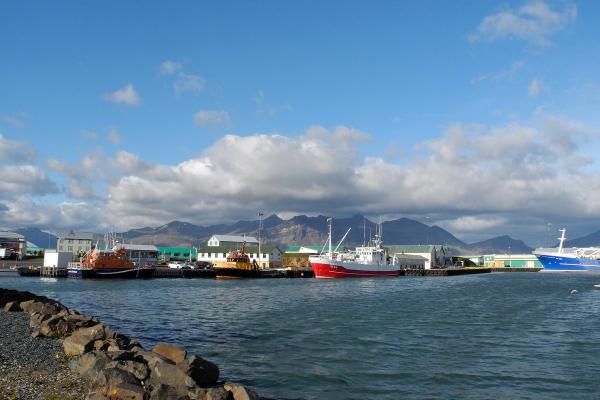A harbor with colorful boats docked, waterfront buildings, and mountains under a blue, cloudy sky.