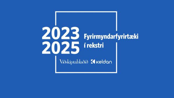 White text on blue background: "2023 2025 Exemplary companies in operation Viðskiptablaðið Keldan".