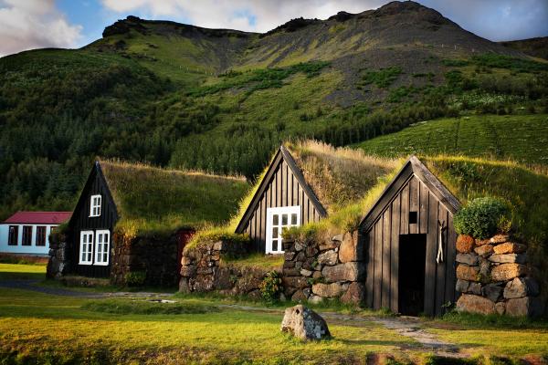 Three traditional turf-roofed houses with wooden facades in a lush green landscape.