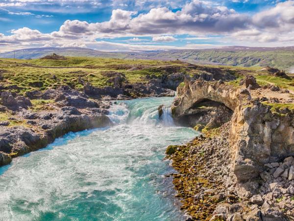 Frontal view Geitafoss Waterfall on a sunny day