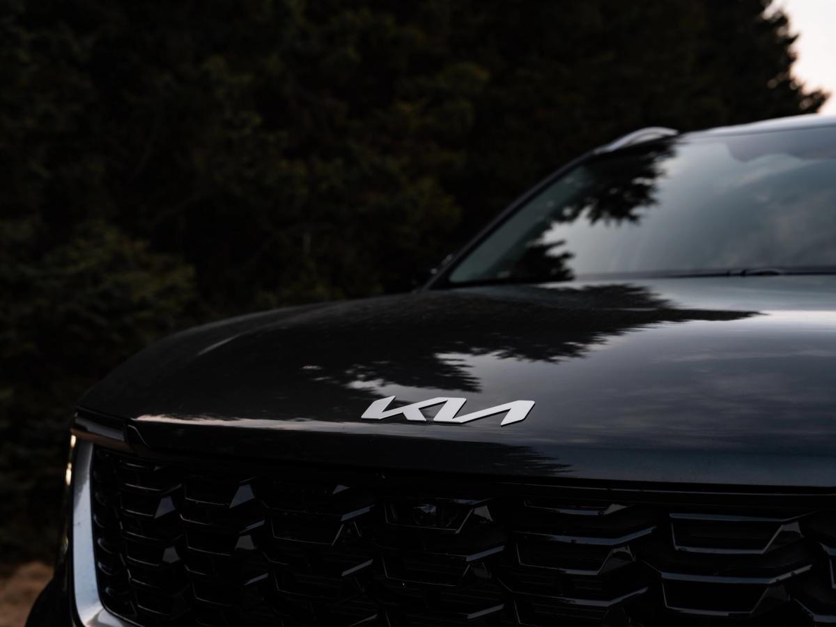 Badge de capot Sorento Gros plan sur l’emblème du capot et la calandre avant d’un Kia Sorento, avec le reflet des arbres