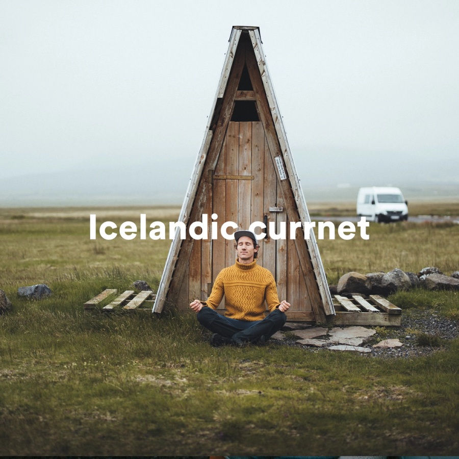 a man sits in a lotus position in front of an icelandic curmnet