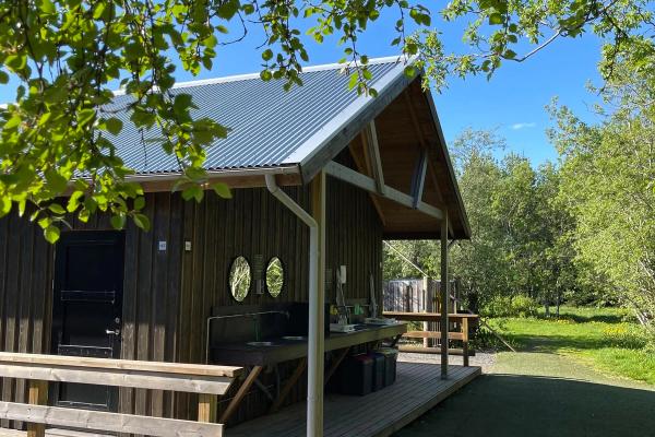 Wooden cabin with a metal roof, outdoor kitchen on a deck, surrounded by green trees under a blue sky.