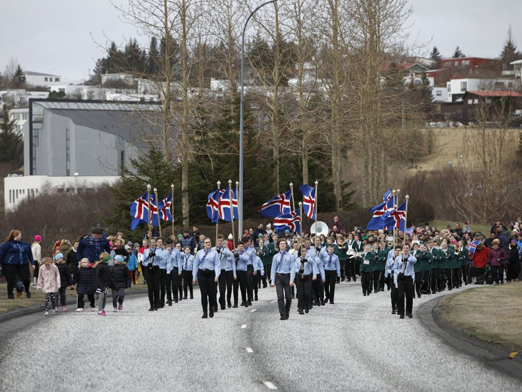 a large group of people are marching down a street holding flags .
