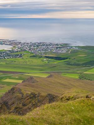 Vista desde una montaña cubierta de hierba con vistas a un pueblo costero, campos verdes y el océano.