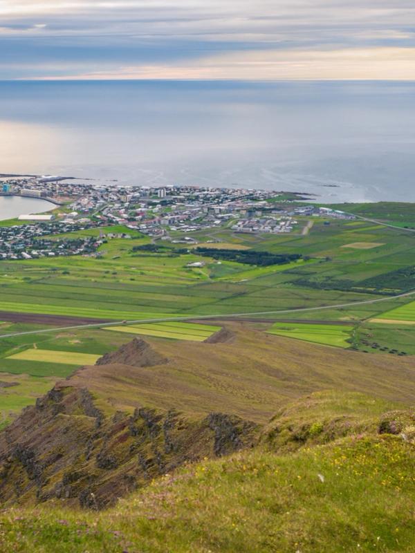 View from a grassy mountain overlooking a coastal town, green fields, and the ocean.