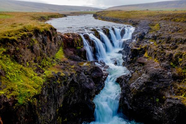 una cascada está rodeada de rocas y hierba en medio de un río .