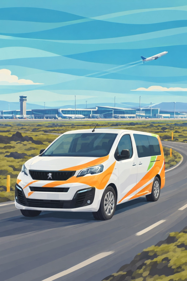 White Peugeot van with orange and green livery drives toward an airport with a plane taking off.