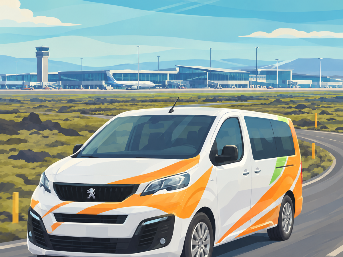 White Peugeot van with orange and green livery drives toward an airport with a plane taking off.
