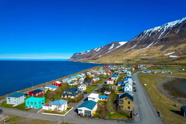an aerial view of a small town on the shore of the ocean .