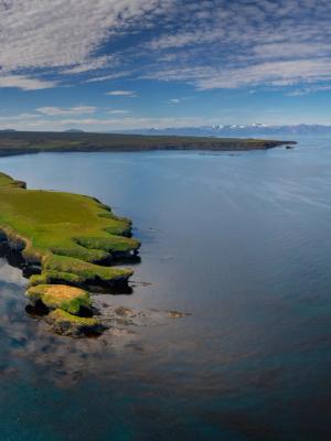 Aerial view of green coastal cliffs meeting a dark sea, with distant snow-capped mountains under a partly cloudy sky.