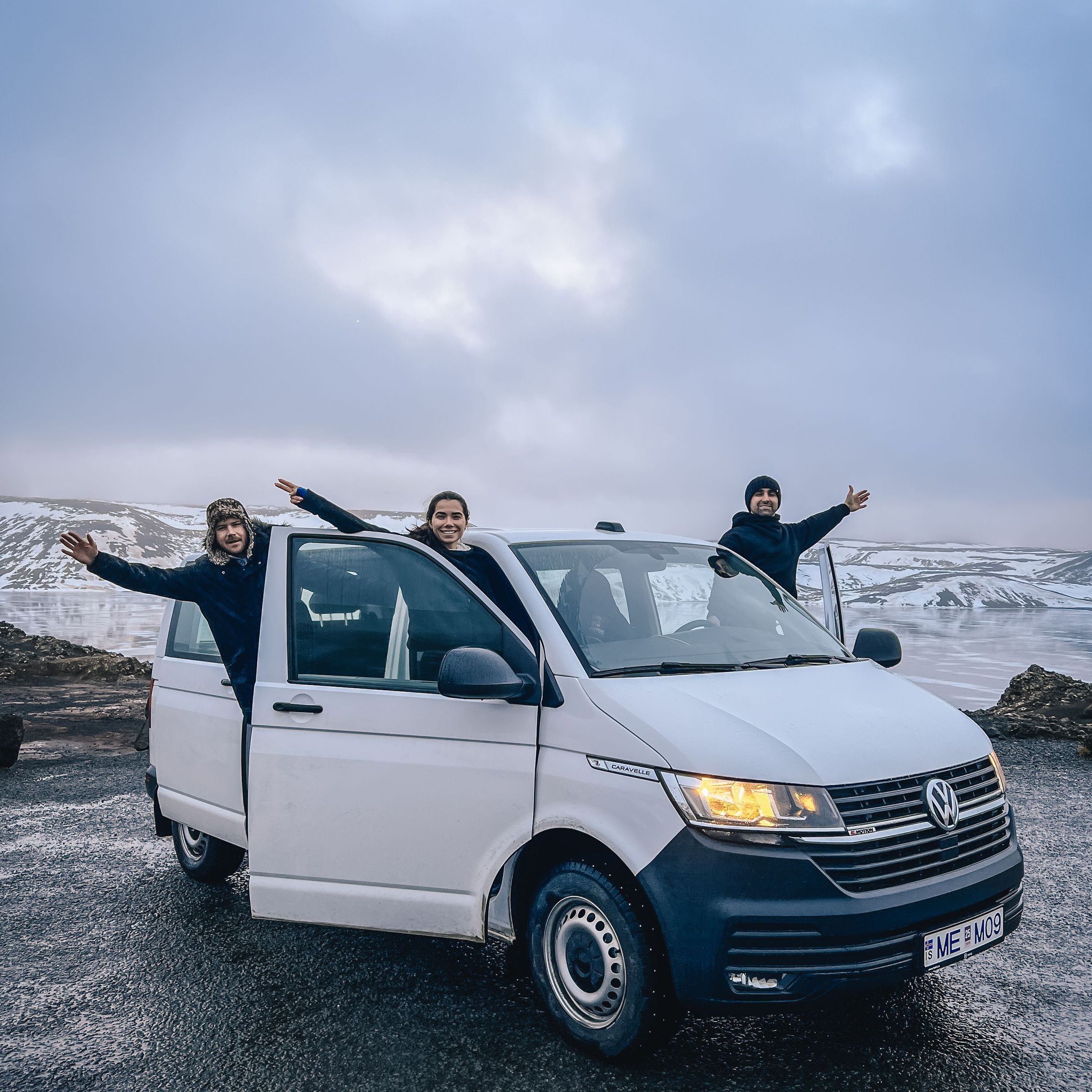 Three friends in a rental van in Iceland