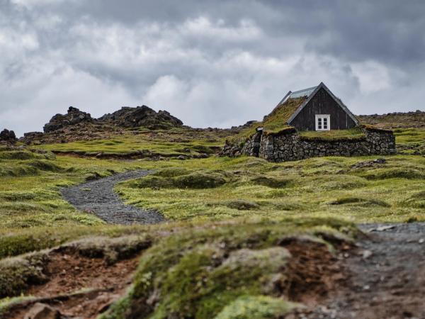 a small house with a green roof is sitting on top of a grassy hill .
