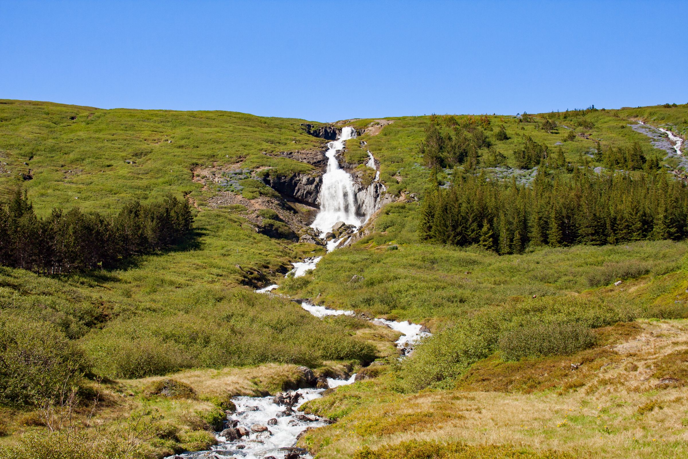 a small waterfall in a green valley