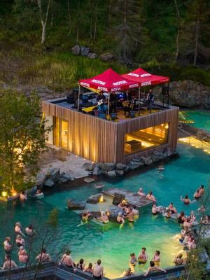 un grupo de personas está nadando en una piscina grande.
