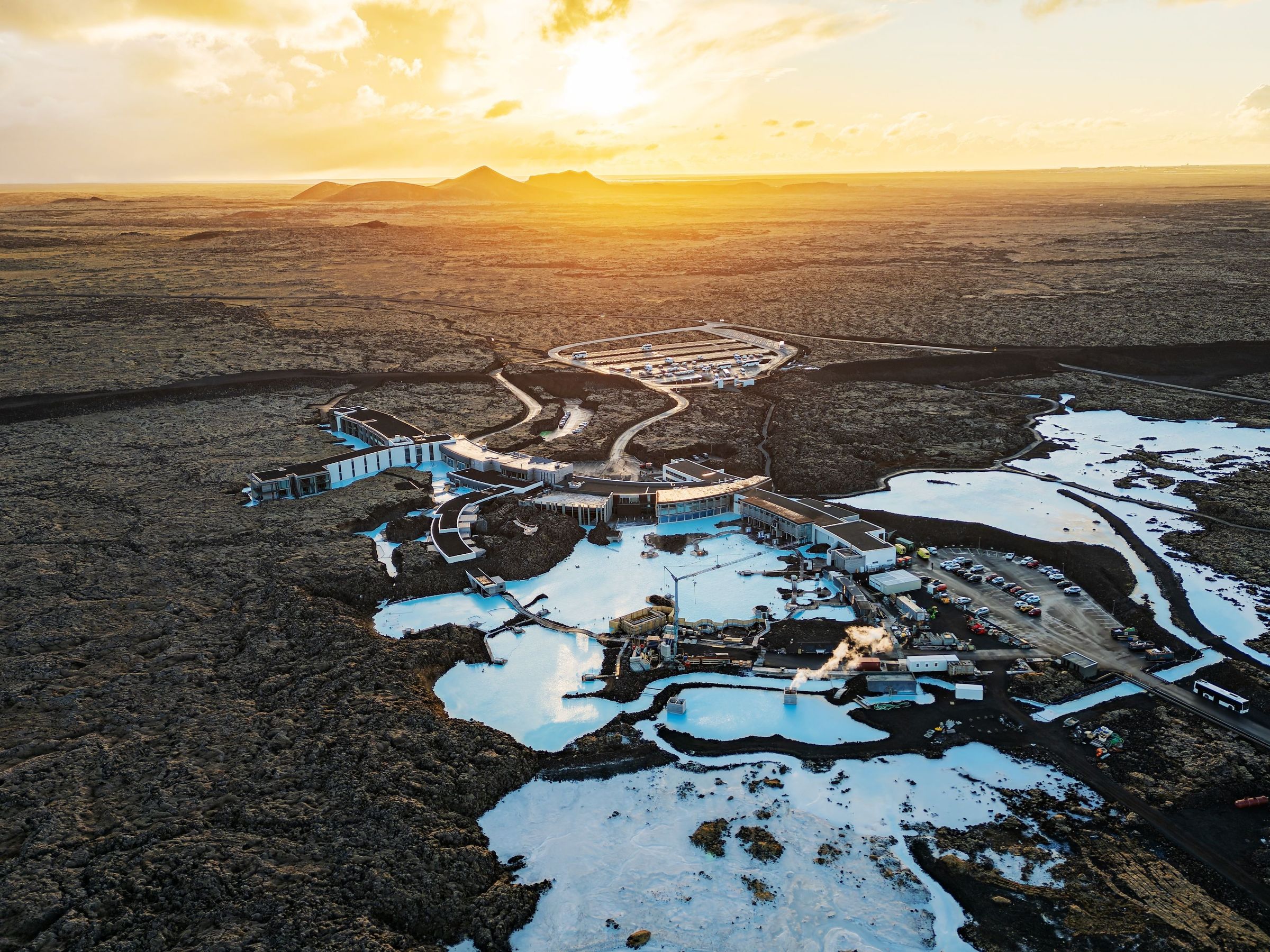 Aerial view of the Blue Lagoon surrounded by lava fields