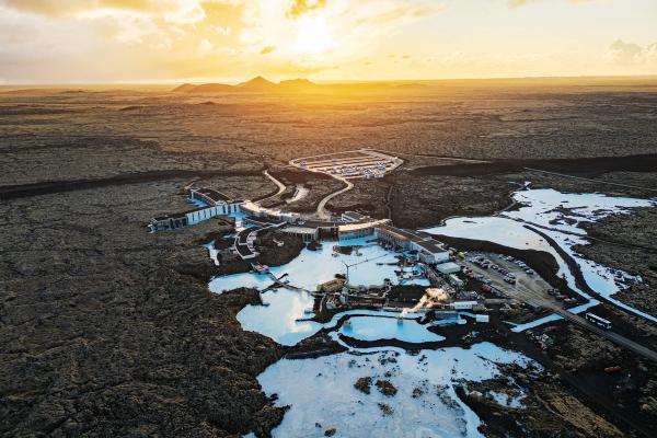 Aerial view of the Blue Lagoon surrounded by lava fields