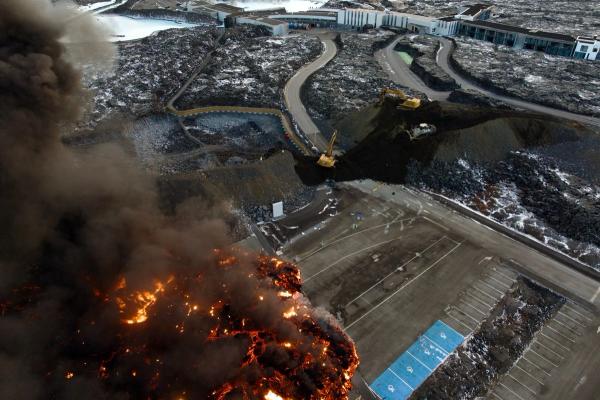 Lava advancing and destroying the Blue Lagoon's parking