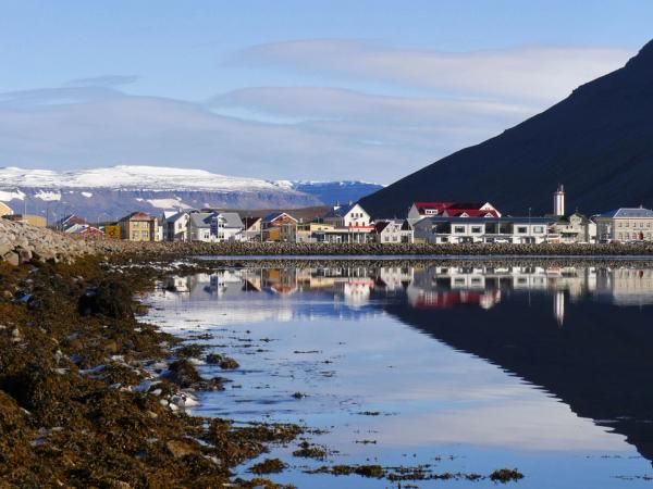 un pequeño pueblo en la orilla de un lago con montañas al fondo .
