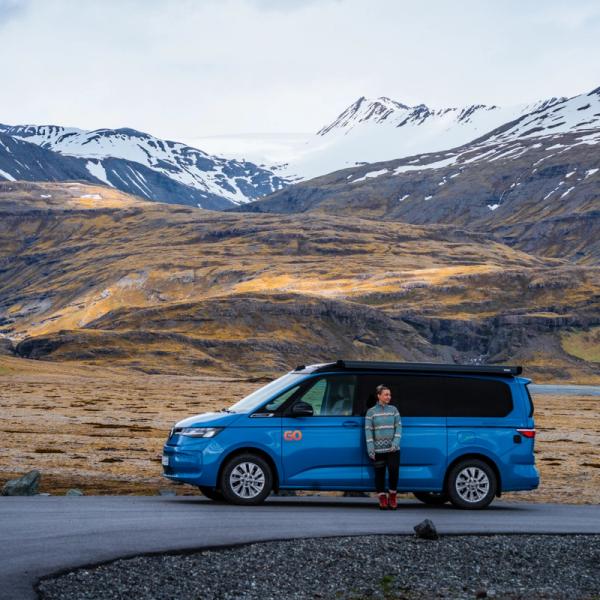 A person stands next to a blue camper van on a road in a vast landscape with dry fields and snow-capped mountains.