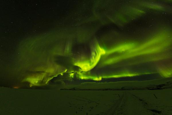 Vibrant green aurora borealis illuminates a snowy landscape under a dark, starry night sky.