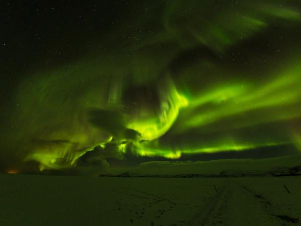 Vibrant green aurora borealis in a dark sky above a snowy landscape.